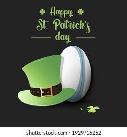 Happy St. Patricks day. Rugby ball and leprechaun hat on an isolated background. Pattern for greeting card, logo, banner, poster, party invitation. Vector illustration