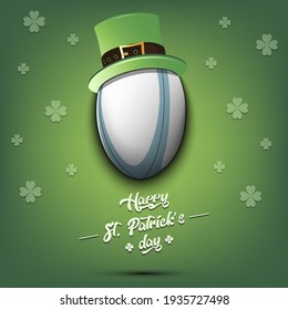 Happy St. Patricks day. Rugby ball in leprechaun hat the background of the Irish flag. Pattern for greeting card, logo, banner, poster, party invitation. Vector illustration