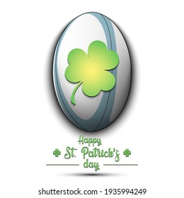 Happy St. Patricks day. Rugby ball and clover on an isolated background.  Pattern for greeting card, logo, banner, poster, party invitation. Vector illustration