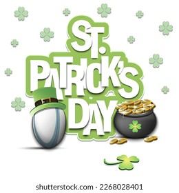 Happy St. Patrick's day. Rugby ball in leprechaun hat, pot with gold coins and clover. Pattern design for logo, banner, poster, greeting card. Vector illustration on isolated background