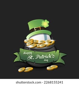 Happy St. Patrick's day. Rugby ball in leprechaun hat in pot with gold coins. Pattern design for logo, banner, poster, greeting card, party invitation. Vector illustration on isolated background
