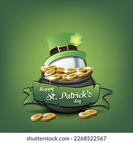 Happy St. Patrick's day. Rugby ball in leprechaun hat in pot with gold coins. Pattern design for logo, banner, poster, greeting card, party invitation. Vector illustration on isolated background