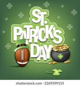 Happy St. Patrick's day. Rugby ball in leprechaun hat, pot with gold coins and clover. Pattern design for logo, banner, poster, greeting card. Vector illustration on isolated background