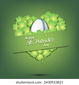 Happy St. Patricks day. Rugby ball on background heart made of clovers and shamrock. Pattern design for logo, banner, poster, greeting card. Vector illustration on isolated background