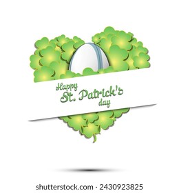 Happy St. Patricks day. Rugby ball on background heart made of clovers and shamrock. Pattern design for logo, banner, poster, greeting card. Vector illustration on isolated background