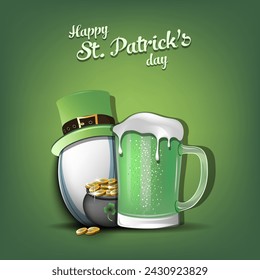 Happy St. Patricks day. Rugby ball with St. Patrick hat, mug of beer and pot with gold. Pattern design for logo, banner, poster, greeting card. Vector illustration on isolated background