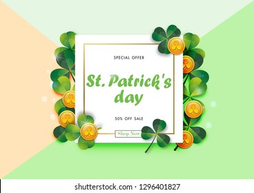 Happy St. Patrick's Day Sale Off Background with Green Shamrock Leave and Gold Coin Abstract Design Vector