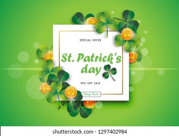 Happy St. Patrick's Day Sale Off Background with Green Shamrock Leave and Gold Coin Abstract Design Vector