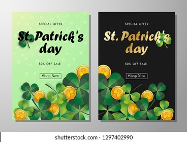 Happy St. Patrick's Day Sale Off Background with Green Shamrock Leave and Gold Coin Abstract Design Vector