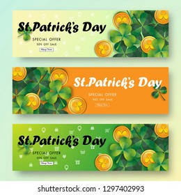 Happy St. Patrick's Day Sale Off Background with Green Shamrock Leave and Gold Coin Abstract Design Vector