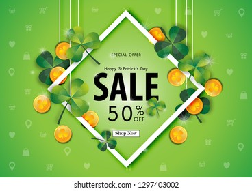 Happy St. Patrick's Day Sale Off Background with Green Shamrock Leave and Gold Coin Abstract Design Vector