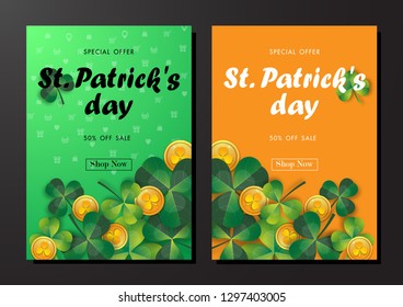 Happy St. Patrick's Day Sale Off Background with Green Shamrock Leave and Gold Coin Abstract Design Vector