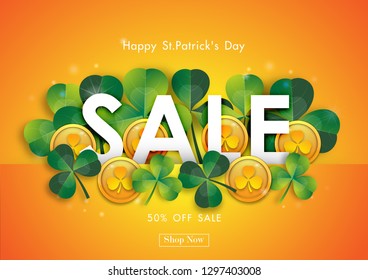Happy St. Patrick's Day Sale Off Background with Green Shamrock Leave and Gold Coin Abstract Design Vector