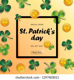 Happy St. Patrick's Day Sale Off Background with Green Shamrock Leave and Gold Coin Abstract Design Vector