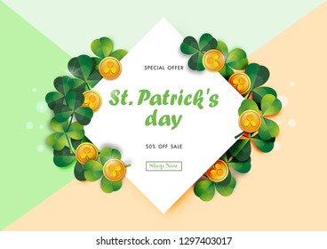 Happy St. Patrick's Day Sale Off Background with Green Shamrock Leave and Gold Coin Abstract Design Vector