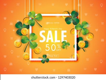 Happy St. Patrick's Day Sale Off Background with Green Shamrock Leave and Gold Coin Abstract Design Vector