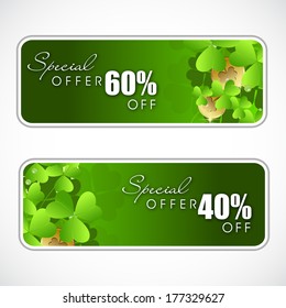 Happy St. Patrick's Day sale headers on grey background.