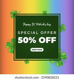 Happy St Patricks day sale banner with leaves quatrefoil, rainbow. Vector illustration. Coupon, certificate, discount design 