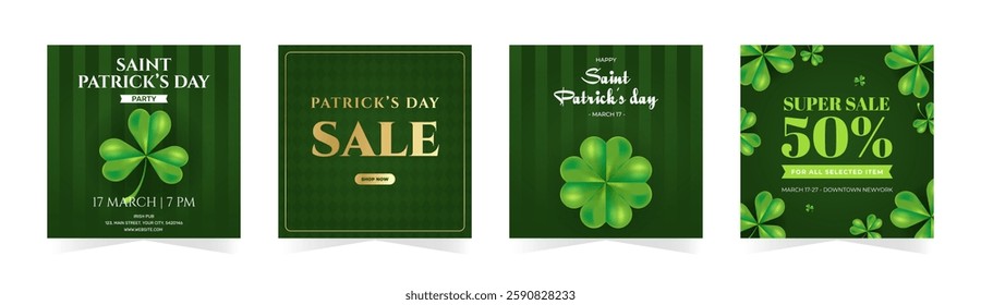 Happy St. Patricks Day sale, party invitation, greeting cards. Green shamrock, quatrefoil on green backgrounds. Vector illustration set