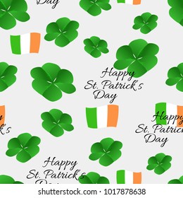 Happy St. Patrick's Day seamless pattern with clover anf Irish flag.