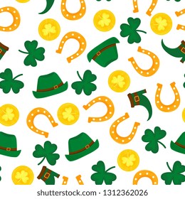 Happy St. Patrick's Day seamless pattern. Golden coins, a horseshoe for good luck, a shamrock, a green hat