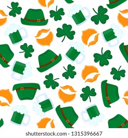 Happy St. Patrick's Day seamless pattern. Mug of beer, leprechaun's red beard, a shamrock, a green hat