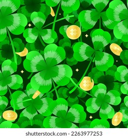 Happy St. Patrick's day seamless pattern background with green shamrock leaves, gold coin. Element design. Realistic clover vector illustration. Wrapping paper design.