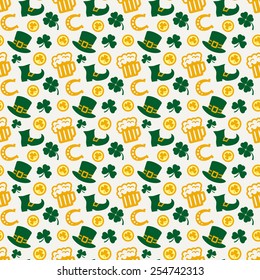 Happy St. Patrick's Day! Seamless pattern with traditional holiday symbols. Vector illustration.