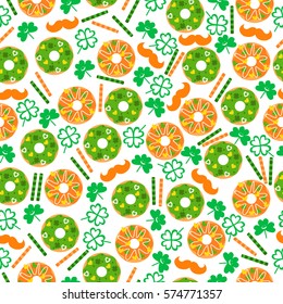 Happy St. Patrick's Day. Seamless pattern with donuts, wafer rolls, mustache and clover on a white background. 