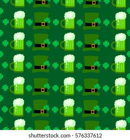 Happy St. Patrick's Day. Seamless pattern with hats, clover and green beer. Holiday background. 