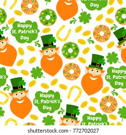 Happy St. Patricks Day. Seamless pattern with donuts, leprechaun, horseshoe, gold and clever. 