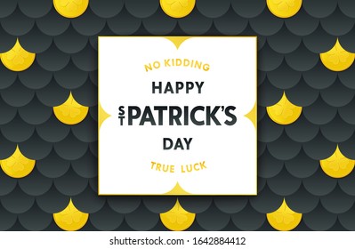 Happy St. Patrick's day. Serious style banner with label on black pattern background. Vector illustration 