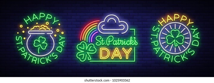 Happy St. Patrick's day set of vector illustrations in a neon style. Neon sign collection, greeting card, postcard, neon banner, bright advertisement flyer. An invitation to celebrate St Patricks Day