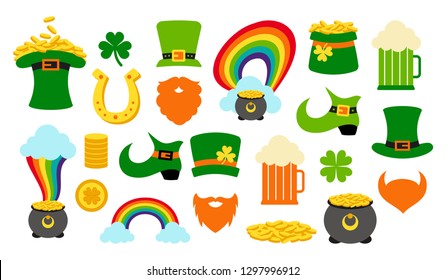 Happy St. Patricks day set. Irish icons of lucky clover, leprechaun hat, shamrock, red beard. Vector illustration for banner, poster