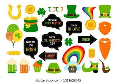 Happy St. Patricks day set. Irish icons of lucky clover, leprechaun hat, shamrock, red beard. Vector illustration for banner, poster