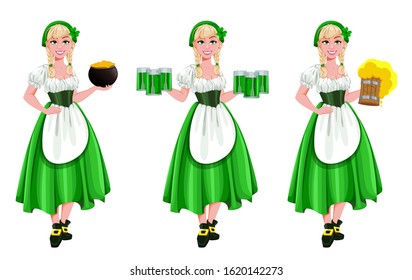 Happy St Patricks Day, set of three poses. Young girl Leprechaun serving ale and beer. Beautiful lady in traditional costume, cartoon character. Vector illustration on white background