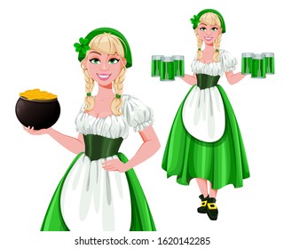 Happy St Patricks Day, set of two poses. Young girl Leprechaun serving ale and holding a pot of gold. Beautiful lady in traditional costume, cartoon character. Vector illustration on white background