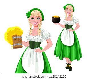 Happy St Patricks Day, set of two poses. Young girl Leprechaun serving beer and holding a pot of gold. Beautiful lady in traditional costume, cartoon character. Vector illustration