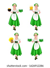 Happy St Patricks Day, set of four poses. Young girl Leprechaun serving ale and beer. Beautiful lady in traditional costume, cartoon character. Vector illustration on white background