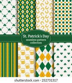 Happy St. Patrick's Day! Set of holiday backgrounds. Collection of seamless patterns in green, yellow and white colors. Vector illustration.