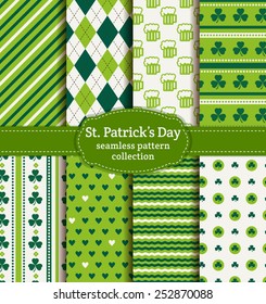 Happy St. Patrick's Day! Set of holiday backgrounds. Collection of seamless patterns in green, blue-green and white colors. Vector illustration.