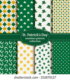 Happy St. Patrick's Day! Set of holiday backgrounds. Collection of seamless patterns in green, yellow and white colors. Vector illustration.