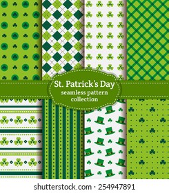 Happy St. Patrick's Day! Set of holiday backgrounds. Collection of seamless patterns in green, blue-green and white colors. Vector illustration.