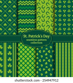 Happy St. Patrick's Day! Set of holiday backgrounds. Collection of seamless patterns in traditional colors. Vector illustration. 