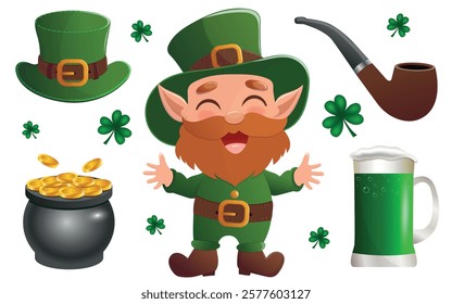 Happy St. Patrick's Day set with green clover, shamrock, green leprechaun, pot of gold coins, green beer. Vector illustration.