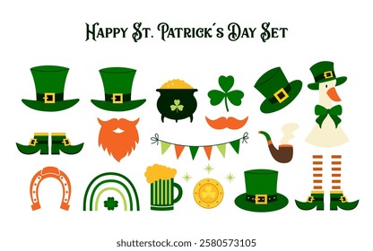 Happy St. Patrick's Day set in cartoon style. Beer, hats, boots, pot of gold, rainbow and horseshoe on white background. Vector flat illustration.