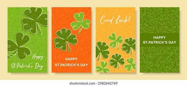 Happy St. Patrick's Day set of cards and posters. Posters with hand-drawn shamrock. Vector.