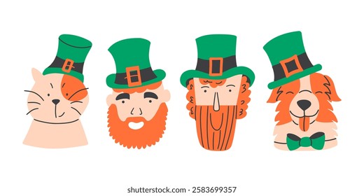 Happy St. Patrick's Day  set with cat, man, leprechaun, and dog in festive green hats. Vector hand drawn illustration