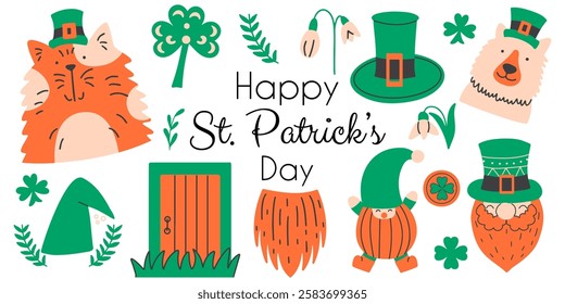 Happy St. Patrick's Day set with tradition symbols. Doodle hand drawn vector elements. Cat, green hat, leprechaun and clover. 