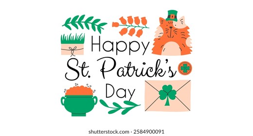 Happy St. Patrick's Day set with design hand drawn elements. 